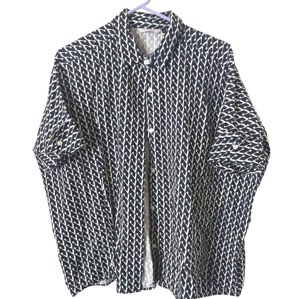 Anais Men's Blue White Geometric‎ Pattern Short Sleeve Button Down Shirt L